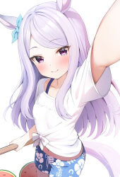 Rule 34 | 1girl, absurdres, alternate costume, arm up, blush, breasts, closed mouth, collarbone, food, fruit, gaze on me! outfit (umamusume), highres, horse girl, long hair, looking at viewer, mejiro mcqueen (umamusume), navel, purple eyes, purple hair, rei (ilust9999), shorts, simple background, small breasts, smile, solo, umamusume, watermelon, white background