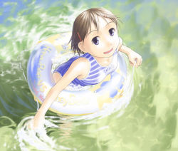 Rule 34 | 1girl, brown hair, casual one-piece swimsuit, flat chest, grey eyes, innertube, leaning forward, one-piece swimsuit, original, solo, striped clothes, striped one-piece swimsuit, swim ring, swimsuit, t heru, water