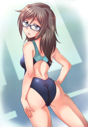 Rule 34 | 1girl, ass, back, blue eyes, brown hair, competition swimsuit, e20, glasses, houzumi satsuki, long hair, looking back, one-piece swimsuit, original, smile, solo, swimsuit