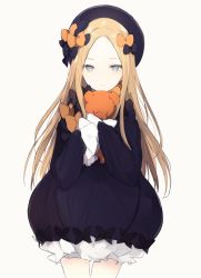 Rule 34 | 1girl, abigail williams (fate), black bow, black hat, blonde hair, bow, dress, fate/grand order, fate (series), frilled dress, frilled sleeves, frills, grey eyes, hair bow, hat, long hair, looking at viewer, lpip, orange bow, purple dress, simple background, solo, stuffed animal, stuffed toy, teddy bear, top hat, white background
