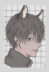 Rule 34 | 1boy, animal ears, black eyes, black hair, black jacket, border, cat ears, chainsaw man, closed mouth, cropped head, extra ears, grey background, grey border, grid background, hair between eyes, hair over one eye, highres, jacket, light smile, looking at viewer, male focus, mole, mole under mouth, namida a2, portrait, solo, yoshida hirofumi