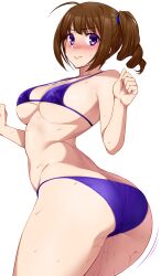 Rule 34 | 1girl, ahoge, ass, bikini, blue bikini, blush, breasts, brown hair, butt crack, cleavage, closed mouth, covered erect nipples, drill hair, from behind, highres, idolmaster, idolmaster million live!, large breasts, looking at viewer, looking back, namidame, purple eyes, side drill, side ponytail, smile, solo, standing, swimsuit, wet, yokoyama nao