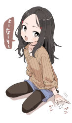 Rule 34 | 1girl, absurdres, black hair, black pantyhose, blue shorts, blush, brown sweater, commentary request, grey eyes, hair ornament, hairclip, highres, long sleeves, looking at viewer, medium hair, open mouth, original, pantyhose, shorts, simple background, solo, speech bubble, sweater, translation request, white background, yamamoto souichirou