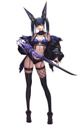 Rule 34 | 1girl, absurdres, bikini, bikini top only, black footwear, black hair, black jacket, black shorts, black thighhighs, blue bikini, blue bra, blue hair, blue nails, blunt bangs, bra, breasts, cellphone, commentary, daeho cha, dated commentary, english commentary, fingernails, fishnets, full body, garter straps, gradient hair, hair ornament, highres, holding, holding phone, jacket, jacket partially removed, licking lips, lips, long fingernails, long sleeves, medium breasts, medium hair, micro shorts, multicolored hair, navel, off shoulder, open clothes, open jacket, open mouth, original, phone, purple eyes, red lips, shorts, sidelocks, signature, simple background, smartphone, solo, standing, swimsuit, sword, teeth, thighhighs, tongue, tongue out, twintails, underwear, upper teeth only, weapon, white background