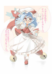 Rule 34 | 1girl, adapted costume, ascot, bad id, bad pixiv id, bell, bespectacled, blue hair, brooch, dress, fang, glasses, hat, hat ribbon, highres, jewelry, juliet sleeves, long sleeves, mary janes, open mouth, pink eyes, puffy sleeves, remilia scarlet, ribbon, sash, shoes, shunsuke, smile, solo, touhou, translation request, white dress