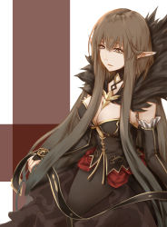 Rule 34 | 1girl, bare shoulders, black dress, black hair, breasts, cleavage, detached sleeves, dress, fate/apocrypha, fate (series), fur trim, gold trim, highres, kato (kato), large breasts, long hair, looking at viewer, pointy ears, semiramis (fate), solo, very long hair