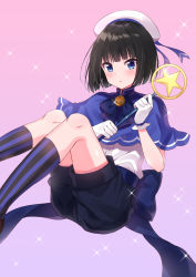 Rule 34 | 1boy, absurdres, black hair, blue eyes, bob cut, highres, idolmaster, idolmaster side-m, kagura rei, kneehighs, looking at viewer, magical boy, male focus, open mouth, rayuse, shorts, socks, solo, sparkle, striped clothes, striped socks, vertical-striped clothes, vertical-striped socks, wand
