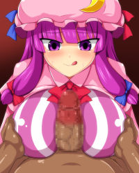 Rule 34 | breasts, censored, highres, huge breasts, mouret, naughty face, paizuri, paizuri over clothes, patchouli knowledge, penis, touhou