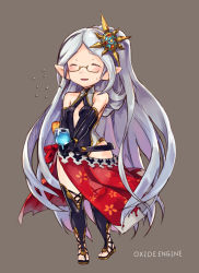 Rule 34 | bare shoulders, belt, black background, black gloves, blush, breasts, closed eyes, cup, drink, drinking glass, elbow gloves, flying sweatdrops, full body, glasses, gloves, granblue fantasy, hair ornament, harvin, holding, holding cup, holding drinking glass, long hair, parted bangs, parted lips, pointy ears, sandals, sarong, sketch, small breasts, smile, solo, standing, sweatdrop, thighhighs, tomonao, v arms, very long hair, zahlhamelina