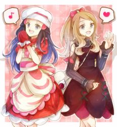 Rule 34 | 2girls, :d, apron, bag, blue hair, bow, buttons, commentary request, creatures (company), dawn (palentine&#039;s 2021) (pokemon), dawn (pokemon), dress, eyelashes, game freak, grey eyes, hair bow, hand up, hands up, hat, light brown hair, long hair, long sleeves, looking at viewer, mittens, multiple girls, musical note, nintendo, official alternate costume, open mouth, own hands together, pink bow, pokemon, pokemon masters ex, red dress, red mittens, serena (palentine&#039;s 2021) (pokemon), serena (pokemon), shoulder bag, smile, spoken musical note, sunglasses, teeth, tongue, white-framed eyewear, white headwear, yomogi (black-elf)