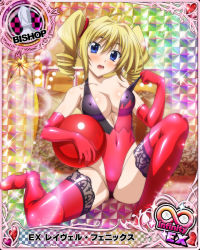 Rule 34 | 1girl, bikini, blonde hair, blue eyes, boots, breasts, card (medium), character name, chess piece, gloves, high heel boots, high heels, high school dxd, high school dxd infinity, looking at viewer, multicolored background, official art, one-piece swimsuit, ravel phenex, red bikini, red gloves, red one-piece swimsuit, red thighhighs, solo, swimsuit, thigh boots, thighhighs, trading card, twintails