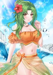 Rule 34 | 1girl, bare shoulders, bikini, blue sky, cloud, commentary request, cowboy shot, day, elincia ridell crimea, felielle, fire emblem, fire emblem: radiant dawn, fire emblem heroes, flower, green hair, hair flower, hair ornament, hand up, hibiscus, jewelry, lens flare, long hair, looking at viewer, navel, necklace, nintendo, off-shoulder bikini, off shoulder, official alternate costume, orange bikini, puffy short sleeves, puffy sleeves, red flower, sarong, short sleeves, sky, smile, solo, standing, stomach, swimsuit, thighs, yellow eyes