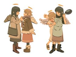 Rule 34 | &gt; &lt;, 2girls, :t, = =, adjusting another&#039;s clothes, adjusting scarf, angel wings, apron, arm at side, arms up, bag, beige coat, black bag, black footwear, black hair, black legwear, blunt bangs, boots, brown footwear, brown hair, brown jacket, brown scarf, brown skirt, closed eyes, closed mouth, coat, cross-laced footwear, dress, facing viewer, feathered wings, from side, frying pan, full body, fur-trimmed boots, fur-trimmed jacket, fur-trimmed sleeves, fur trim, furrowed brow, haibane renmei, halo, hand up, holding, holding frying pan, jacket, leg up, legs together, long dress, long skirt, looking at another, looking to the side, multiple girls, muted color, no lineart, no nose, outstretched arm, pantyhose, parted lips, pocket, pom pom (clothes), profile, rakka (haibane), red sailor collar, reki (haibane), sailor collar, sailor dress, sandals, scarf, shoelaces, short hair, short sleeves, shoulder bag, sidelocks, simple background, skirt, standing, straight hair, sweat, v-shaped eyebrows, wavy mouth, white background, white dress, wildcatfourteen, wings, winter clothes