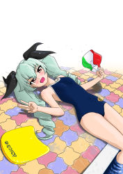 Rule 34 | 10s, 1girl, anchovy (girls und panzer), blue one-piece swimsuit, brown eyes, competition school swimsuit, drill hair, girls und panzer, green hair, hair between eyes, highres, kickboard, legs together, long hair, lying, narrow waist, one-piece swimsuit, school swimsuit, soaking feet, solo, striped clothes, striped headwear, swimsuit, thighs, twin drills, twintails, v, very long hair, water, yamucya01
