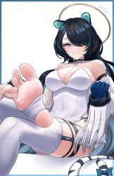 Rule 34 | 1girl, animal ears, black garter straps, black hair, blue eyes, blue hair, breasts, cleavage, dress, efreezerarts, erina makina, feet, foot focus, foot out of frame, foreshortening, garter straps, hair over one eye, highres, large breasts, legs, long hair, looking at viewer, mechanical arms, multicolored hair, no shoes, phase connect, presenting foot, see-through, see-through cleavage, single garter strap, single mechanical arm, smile, soles, solo, stirrup legwear, streaked hair, tail, tiger ears, tiger tail, toeless legwear, toes, virtual youtuber