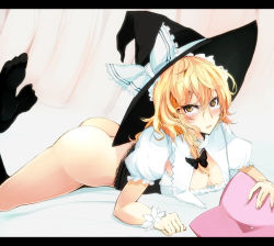 Rule 34 | 1girl, ass, bad id, bad pixiv id, blonde hair, blush, bottomless, bow, braid, breasts, cleavage, downblouse, feet, female focus, hair bow, hat, kirisame marisa, kneehighs, letterboxed, lying, no panties, on stomach, pillow, short hair, side braid, socks, solo, takaharu, tears, touhou, wavy hair, witch hat, wrist cuffs, yellow eyes