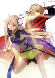 Rule 34 | 2girls, absurdres, ahoge, armor, artoria pendragon (fate), blonde hair, boots, breastplate, cape, crossover, deedlit, dress, elf, fate/stay night, fate (series), flower, green eyes, hair flower, hair ornament, hair ribbon, highres, long hair, looking back, multiple girls, pointy ears, record of lodoss war, ribbon, saber (fate), scan, smile, sword, takeuchi takashi, weapon, wristband