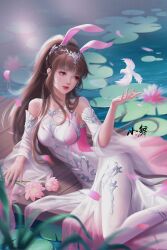 Rule 34 | 1girl, absurdres, animal ears, bridge, brown hair, closed mouth, detached sleeves, douluo dalu, dress, flower, hair ornament, hand up, highres, light particles, light rays, lily pad, long hair, long sleeves, lying, on side, pink dress, rabbit ears, second-party source, see-through, see-through sleeves, solo, thighhighs, water, white thighhighs, xiao wu (douluo dalu)