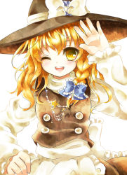 Rule 34 | 1girl, blonde hair, blush, bow, braid, female focus, hair bow, hat, hat bow, highres, kirisame marisa, long hair, open mouth, puracotte, smile, solo, touhou, wink, witch hat, yellow eyes