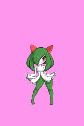 Rule 34 | 1girl, absurdres, blush, breasts, clothes lift, collarbone, creatures (company), feet, full body, game freak, gen 3 pokemon, green hair, hair over one eye, hands up, highres, kewon, kirlia, legs apart, lifting own clothes, looking at viewer, nintendo, no humans, no pussy, pink background, pokemon, pokemon (creature), pokemon rse, red eyes, simple background, skirt, skirt lift, small breasts, solo, standing