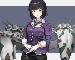 Rule 34 | 1girl, :o, abataa, absurdres, alternate hairstyle, belt, black hair, black skirt, braid, breasts, brown eyes, cannon, gloves, grey background, hair ornament, hairclip, highres, jacket, kantai collection, long hair, long sleeves, looking at viewer, medium breasts, medium hair, military, military uniform, miniskirt, myoukou (kancolle), myoukou kai ni (kancolle), neckerchief, pencil skirt, purple jacket, rigging, shirt, skirt, solo, turret, two-tone background, uniform, white background, white gloves, white shirt