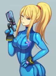 Rule 34 | 1girl, ass, blonde hair, blue bodysuit, blue eyes, bodysuit, breasts, cowboy shot, female focus, from side, grey background, gun, hair between eyes, half-closed eyes, hand on own hip, hand up, holding, holding gun, holding weapon, large breasts, lips, lipstick, long hair, looking at viewer, looking back, makeup, metroid, mole, mole under mouth, nintendo, parted lips, ponytail, red lips, samus aran, shiny clothes, simple background, skin tight, solo, swept bangs, weapon, wusagi2, zero suit