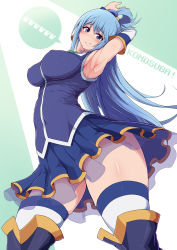 Rule 34 | 1girl, aqua (konosuba), arched back, armpits, arms up, blouse, blue eyes, blue footwear, blue hair, blue shirt, blue skirt, blush, boots, breasts, copyright name, covered erect nipples, detached sleeves, dot nose, from below, green background, grin, hair between eyes, hair rings, highres, kono subarashii sekai ni shukufuku wo!, large breasts, lips, long hair, looking at viewer, pleated skirt, ponponmaru, raised eyebrows, see-through, see-through skirt, shiny skin, shirt, skirt, sleeveless, sleeveless shirt, smile, solo, standing, thick thighs, thigh boots, thighhighs, thighs, two-tone background, white background