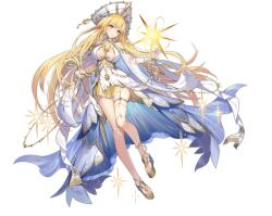 Rule 34 | 1girl, anklet, apollo (ark order), ark order, bare shoulders, blonde hair, blue eyes, bracelet, breast curtains, breasts, closed mouth, collar, detached sleeves, dress, full body, gold, harp, hat, hatoyama itsuru, holding, holding instrument, instrument, jewelry, large breasts, light, long hair, long sleeves, necklace, official art, platform footwear, sandals, smile, solo, sparkle, star (sky), tachi-e, thighlet, toeless footwear, transparent background, veil, very long hair, white dress, white hat, wide sleeves