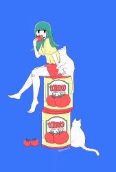 Rule 34 | 1girl, bandaid, bare legs, barefoot, black eyes, blue background, can, cat, flat color, food, green hair, highres, jpeg artifacts, limited palette, long hair, looking at viewer, no nose, open mouth, original, red skirt, shirt, short sleeves, skirt, solo, tomato, twitter username, white cat, yellow shirt, yonoko k