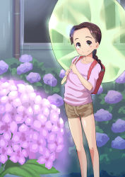 Rule 34 | 1girl, backpack, bag, bare legs, blush stickers, brown hair, brown shorts, child, clothes writing, commentary request, flower, highres, hydrangea, looking at viewer, no bangs, original, outdoors, pink shirt, ponytail, qm, rain, randoseru, shirt, short shorts, shorts, smile, solo, yellow eyes