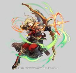 Rule 34 | 1boy, arrow (projectile), black footwear, black gloves, black headband, black jacket, blonde hair, boots, bow (weapon), copyright notice, drawing bow, fire emblem, fire emblem heroes, full body, gloves, grey background, hair between eyes, headband, holding, holding bow (weapon), holding weapon, jacket, jeorge (fire emblem), knee boots, long hair, low ponytail, male focus, nintendo, official art, open mouth, pants, parted bangs, ponytail, quiver, red eyes, red pants, riz3, short sleeves, simple background, solo, standing, standing on one leg, watermark, weapon