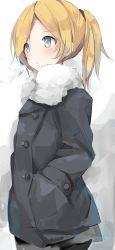 Rule 34 | 10s, black pantyhose, blonde hair, blush, breath, buttons, closed mouth, coat, expressionless, fur trim, grey background, grey eyes, grey skirt, hands in pockets, highres, kantai collection, looking afar, maikaze (kancolle), miniskirt, nao (qqqbb), pantyhose, parted bangs, ponytail, short hair, side ponytail, simple background, skirt, solo, standing, winter clothes, winter coat
