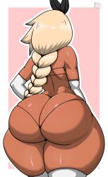 Rule 34 | 1girl, absurdres, arms at sides, artist logo, ass, ass focus, back, bikini, blonde hair, border, braid, braided ponytail, butt crack, dark-skinned female, dark skin, elbow gloves, female focus, from behind, gloves, highres, huge ass, long hair, low ponytail, micro bikini, n00b0d1, original, pink background, simple background, solo, standing, swimsuit, thick thighs, thighhighs, thighs, white border, white gloves, white thighhighs, wide hips