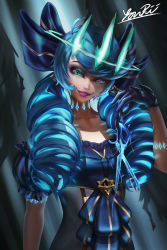 Rule 34 | 1girl, ahoge, artist name, black bow, black gloves, black ribbon, black sleeves, borrowed clothes, bow, breasts, collarbone, crown, detached sleeves, dress, gloves, green eyes, grey dress, grin, gwen (league of legends), hair bow, highres, holding, holding scissors, league of legends, long hair, medium breasts, pink lips, puffy short sleeves, puffy sleeves, ribbon, scissors, short sleeves, smile, solo, swept bangs, teeth, upper body, yonpii
