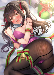 Rule 34 | 1girl, :d, ass, bare arms, black hair, black pantyhose, blush, bound, bound arms, breasts, brown eyes, christmas, christmas present, commentary request, earmuffs, fang, gift, hair ribbon, highres, large breasts, leotard, long hair, looking at viewer, lying, mori airi, on side, open mouth, original, pantyhose, playboy bunny, purple leotard, ribbon, smile, solo, thighs, twintails