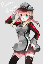 Rule 34 | 10s, 1girl, anchor hair ornament, bad id, bad pixiv id, black skirt, black thighhighs, blonde hair, blue eyes, blush, character name, gloves, grey background, hair ornament, hand on own hip, hat, ikeuchi tanuma, kantai collection, long sleeves, looking at viewer, military, military hat, military uniform, miniskirt, open mouth, peaked cap, pleated skirt, prinz eugen (kancolle), simple background, skirt, solo, thighhighs, twintails, uniform, white gloves