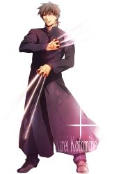Rule 34 | 1boy, bad id, bad pixiv id, between fingers, black keys (type-moon), brown hair, cassock, character name, command spell, dual wielding, fate/zero, fate (series), holding, kotomine kirei, male focus, red eyes, solo, white background, zihad