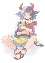 Rule 34 | 1girl, animal ears, animal print, bare shoulders, black hair, breasts, closed mouth, collarbone, commentary request, cow ears, cow horns, cow print, crop top, crossed ankles, haori, holding, horns, japanese clothes, large breasts, leaning back, light smile, looking at viewer, multicolored hair, off shoulder, one-hour drawing challenge, rangycrow, red eyes, sandals, shirt, short hair, shorts, simple background, sitting, solo, split-color hair, statue, touhou, two-tone hair, ushizaki urumi, white background, white hair, yellow shirt, yellow shorts