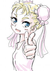 Rule 34 | 1girl, blonde hair, blue eyes, bun cover, chrono cross, commentary request, double bun, finger gun, looking at viewer, marcy (chrono cross), pointing, s-a-murai, short hair, smile, solo, tank top