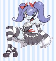 Rule 34 | 1girl, alternate costume, alternate hairstyle, bare shoulders, blue skin, bow, breasts, colored skin, detached collar, detached sleeves, dress, frilled dress, frills, gothic lolita, hair over one eye, hair ribbon, highres, inarou (rakugakiproject), lolita fashion, long hair, long sleeves, purple hair, red eyes, red ribbon, ribbon, shoes, sideboob, skullgirls, sleeves past wrists, small breasts, socks, solo, squigly (skullgirls), stitched mouth, stitches, striped background, striped clothes, striped sleeves, striped socks, striped thighhighs, thighhighs, twintails, vertical stripes, zombie