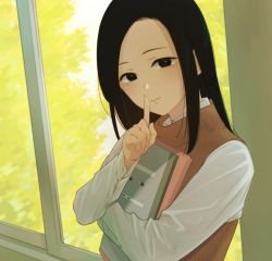 Rule 34 | 1girl, black eyes, black hair, book, finger to mouth, highres, index finger raised, indoors, long hair, looking at viewer, minenami ryou, official art, parted bangs, shibasawa yuri, shounen no abyss, shushing, smile, solo, sweater vest, window