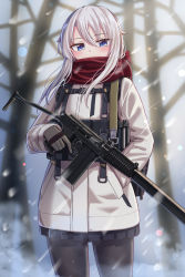 Rule 34 | 1girl, 9a-91, 9a-91 (girls&#039; frontline), black pantyhose, blue eyes, coat, cowboy shot, girls&#039; frontline, gloves, gun, hair between eyes, hand in pocket, highres, holding, holding gun, holding weapon, long hair, long sleeves, looking at viewer, pantyhose, pleated skirt, red scarf, scarf, silver hair, skirt, solo, weapon, white coat, yakob labo