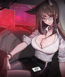 Rule 34 | 1girl, :p, absurdres, ace (playing card), ace of spades, animal ear fluff, animal ears, arm support, bad id, bad pixiv id, between breasts, black pantyhose, black skirt, bracelet, breasts, brown hair, center opening, cleavage, earpiece, fox ears, fox girl, fox tail, glasses, hand on own thigh, highres, holographic monitor, id card, jewelry, lanyard, large breasts, looking at viewer, necklace, office lady, original, orn, pantyhose, pencil skirt, playing card, purple eyes, shirt, sitting, skirt, sleeves rolled up, solo, spade (shape), tail, tongue, tongue out, white shirt