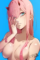 Rule 34 | 1girl, absurdres, aqua eyes, blue background, breasts, closed mouth, completely nude, darling in the franxx, hair between eyes, hair censor, hair over breasts, highres, horns, long hair, looking at viewer, medium breasts, nail polish, nakoya (nane cat), nude, pink hair, purple nails, shiny skin, signature, simple background, solo, straight hair, twitter username, upper body, very long hair, zero two (darling in the franxx)