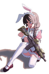 Rule 34 | 1girl, alternate costume, animal ears, assault rifle, bad id, bad pixiv id, blue eyes, braid, brown hair, commentary, enmaided, gun, highres, higuchi kaede, hironii (hirofactory), holding, holding gun, holding weapon, maid, maid headdress, mary janes, nijisanji, on one knee, rabbit ears, rifle, shadow, shoes, sideways mouth, solo, thighhighs, trigger discipline, tsukino mito, virtual youtuber, weapon, weapon request, white background, white thighhighs, wrist cuffs