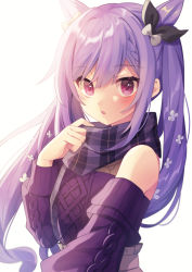 Rule 34 | 1girl, adjusting scarf, braid, detached sleeves, double bun, genshin impact, hair bun, hair ornament, highres, keqing (genshin impact), keqing (lantern rite) (genshin impact), looking at viewer, parted lips, plaid, plaid scarf, purple eyes, purple hair, scarf, shirase (shirose), sidelocks, simple background, single braid, solo, sweater, twintails, white background