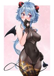 Rule 34 | 1girl, absurdres, ahoge, black gloves, black leotard, black pantyhose, blue hair, blush, bodystocking, bodysuit, breasts, cameltoe, covered erect nipples, covered navel, covering own mouth, demon tail, demon wings, ganyu (genshin impact), genshin impact, gloves, groin, hand on own hip, highres, horns, leotard, leotard under clothes, long hair, looking away, medium breasts, pantyhose, peagunz, purple eyes, sidelocks, solo, standing, tail, thighlet, wings