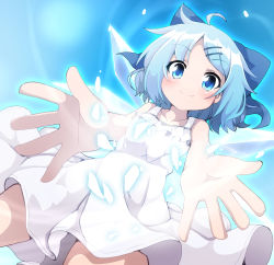 Rule 34 | 1girl, ahoge, alternate costume, blue bow, blue eyes, blue hair, bow, cirno, collarbone, commentary request, do (4-rt), dress, fang, fang out, foreshortening, hair bow, hair ornament, hairclip, highres, ice, ice wings, looking at viewer, outstretched arms, reaching, reaching towards viewer, short hair, sleeveless, sleeveless dress, smile, solo, sundress, touhou, white dress, wings