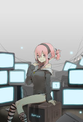 Rule 34 | 1girl, breasts, character name, commentary request, ctr, doremi (doremi4704), electrical outlet, feet out of frame, grey hoodie, headphones, highres, hood, hoodie, knees together feet apart, large breasts, long sleeves, looking at viewer, nitroplus, off shoulder, pink eyes, pink hair, pink thighhighs, ponytail, sidelocks, sitting, smile, solo, super sonico, television, thighhighs, thighhighs pull