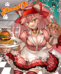 Rule 34 | 1girl, absurdres, animal ear fluff, animal ears, animal hands, bell, blush, breasts, burger, cat paws, cleavage, collar, dress, fate/grand order, fate (series), food, fox ears, fox girl, fox tail, french fries, gloves, hair ribbon, highres, indoors, jingle bell, kitchen, large breasts, long hair, looking at viewer, neck bell, open mouth, paw gloves, pink hair, ponytail, red ribbon, red thighhighs, ri-ko, ribbon, solo, star (symbol), striped clothes, striped dress, tail, tamamo (fate), tamamo cat (fate), tamamo cat (lostroom outfit) (fate), thighhighs, visor cap, yellow eyes